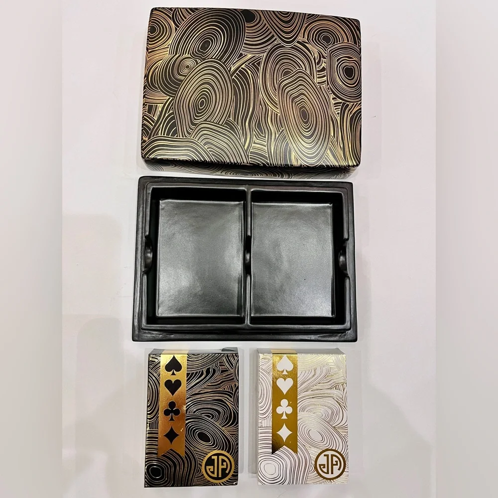 Jonathan Adler Playing Card Set W/ Black Gold Swirl Porcelain Container Holder